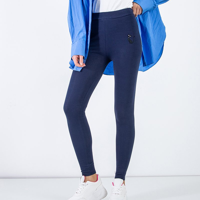 Női sötétkék leggings hímzett cicával - Ruházat