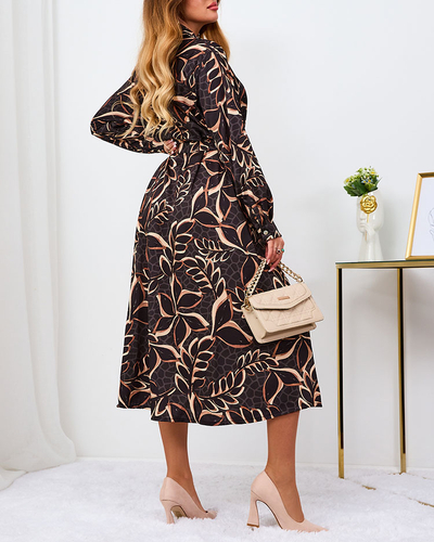 Royalfashion Fekete és világosbarna mintás női maxiruha
