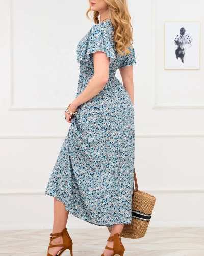 Zöld női virágos ruha borítékolt nyakkivágással - Ruházat