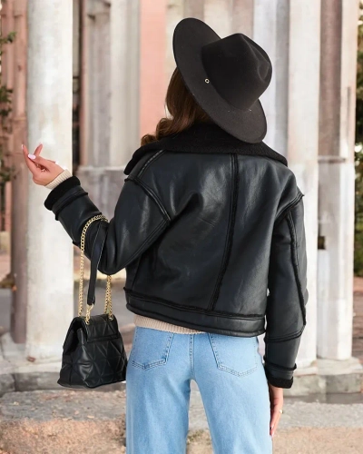 Royalfashion Női öko bőr dzseki szőrrel, fekete színben