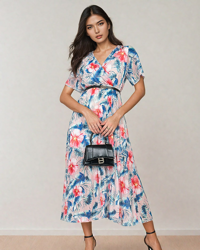 Royalfashion Női pliszírozott, virágos midi ruha