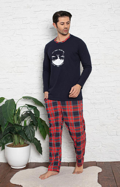 Royalfashion tengerészkék és piros 2 részes férfi pizsama