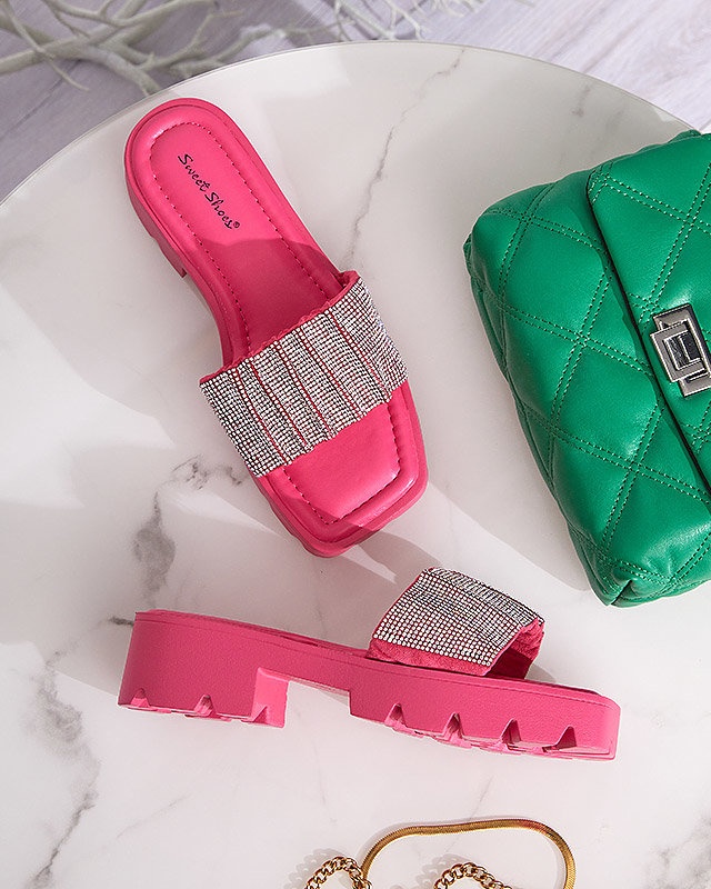 OUTLET Sötét rózsaszín női papucs cirkóniákkal Emkoy- Footwear