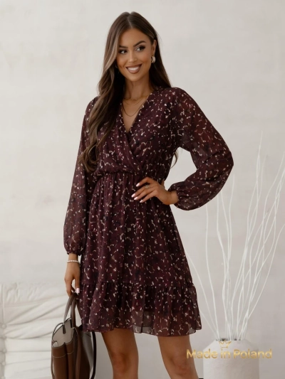 Royalfashion Mintás női mini ruha fodrokkal és átlapolt nyakkivágással