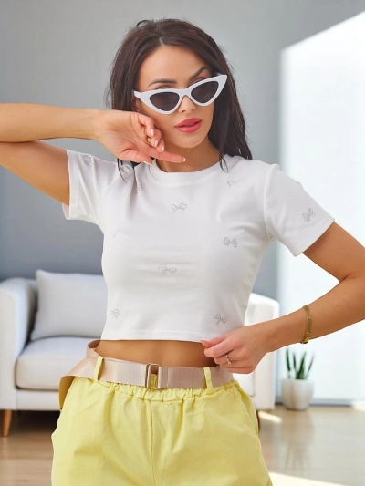 Royalfashion Női pamut crop top, masnis strasszokkal