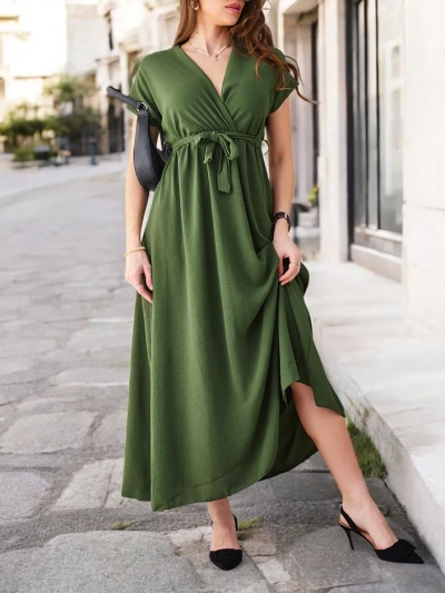 Royalfashion Női midi ruha átkötős nyakkal, rövid ujjakkal és övvel