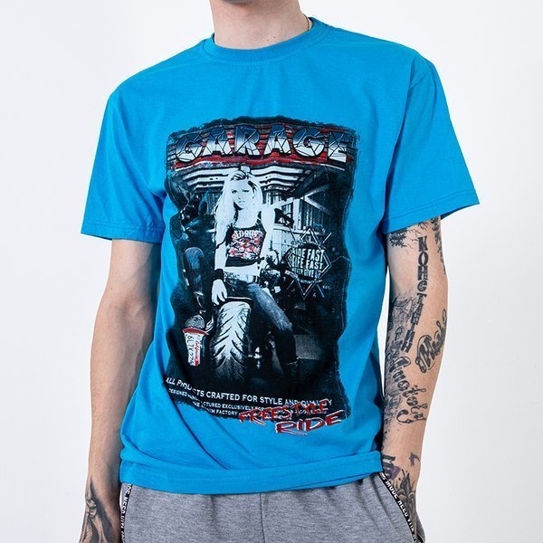 Férfi világoskék pamut póló, nyomtatással és felirattal - Ruházat