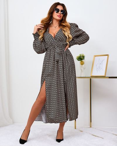 Royalfashion Bézs-fekete mintás női maxiruha