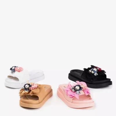 OUTLET Világosbarna női papucs Mistera virágokkal - Lábbeli