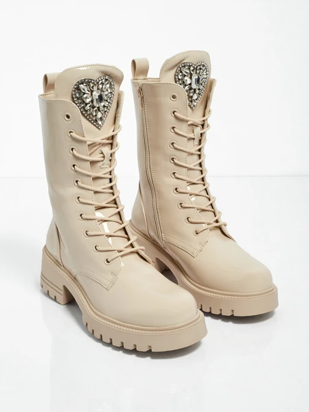 Flora Bézs Fényes Elegáns Női Bokacsizma Őszre