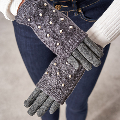 Sötét szürke női kesztyű gyöngyökkel - Kesztyű