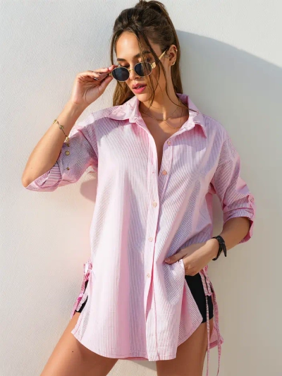 Royalfashion Pamut hosszabb női csíkos ing derékpánttal