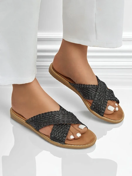 Calista Nero női lapos szandál, fekete fonott, öko bőr