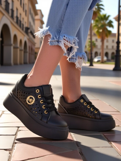 Aurelia Nero - Fekete Royalfashion platform öko bőrből, LH201-8 modell