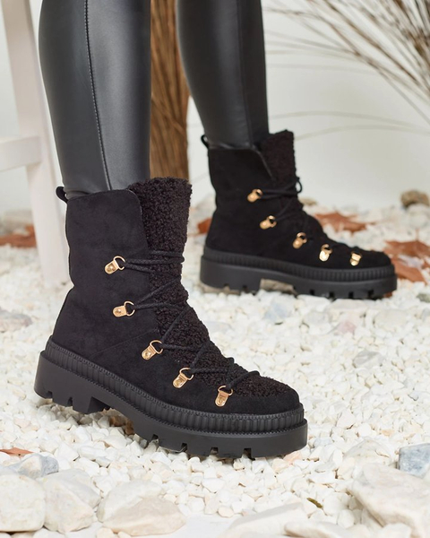 Royalfashion Fekete női szigetelt trapperbakancs báránybőrrel Lery Walk