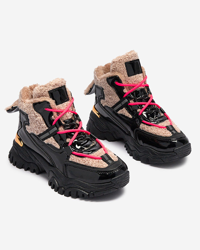 Fekete női sportcipő szőrmével és neonrózsaszín fűzővel Adbo- Footwear