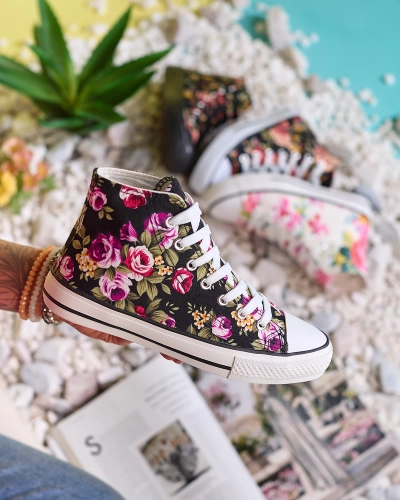 Royalfashion Női magas fekete tornacipő virágmintával Soxic