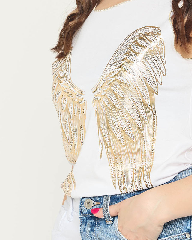 Fehér női felső arany szárnymintával - Ruházat