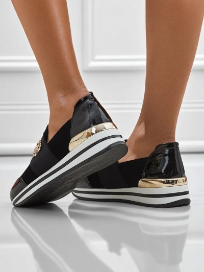 Elektra Nero női slip-on cipő arany akcentussal, műbőr, 3,5 cm