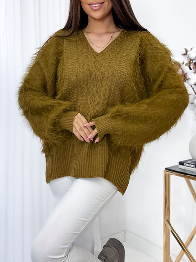 Royalfashion Bolyhos női pulóver mustár színben