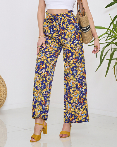 Női kék palazzo nadrág tengerészkék virágokkal- Ruházat
