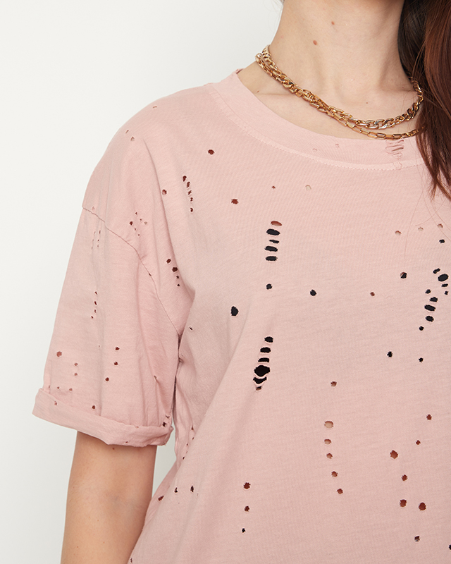 Pamut női póló díszlyukakkal pasztell rózsaszín színben - Ruházat