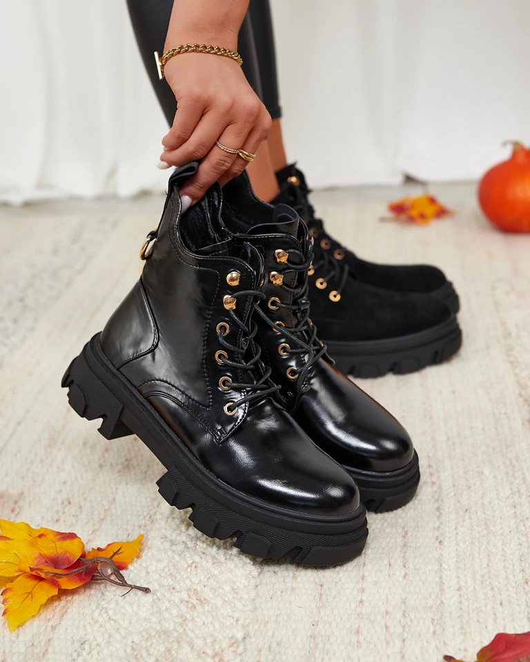 Royalfashion Fekete öko-bőr női szigetelt Selori trapper csizma