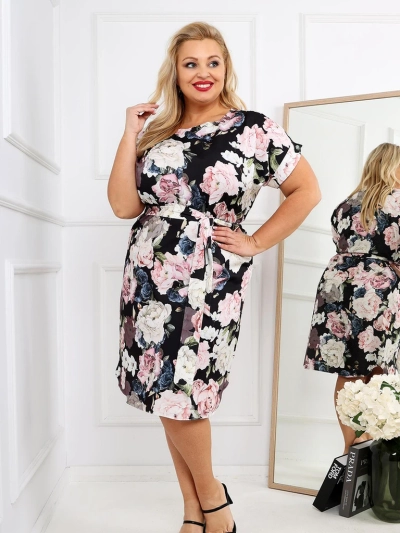 Royalfashion Női térdihosszú ruha rövid ujjal és rózsakötéssel