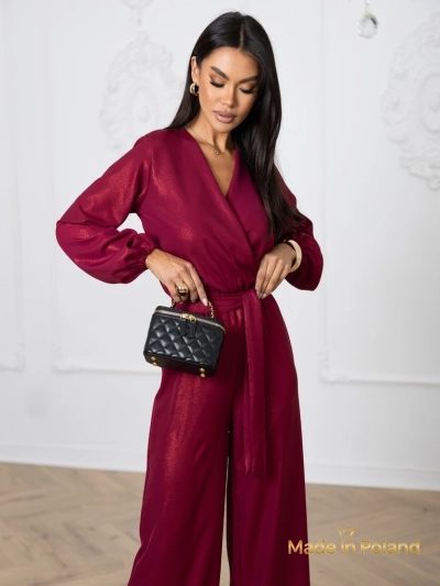 'Valentina' bordó női jumpsuit hosszú ujjakkal és széles szárral