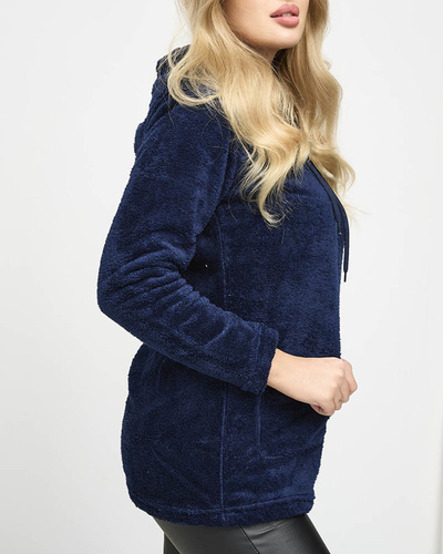 Női sötétkék plüss kapucnis pulcsi - Ruházat