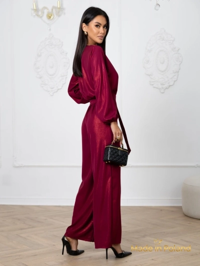 'Valentina' bordó női jumpsuit hosszú ujjakkal és széles szárral