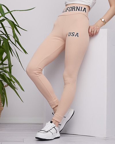 Női bézs bordás leggings feliratokkal - Ruházat