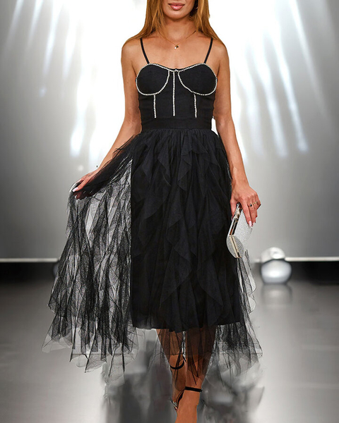 Royalfashion Fekete női midi ruha tüllel