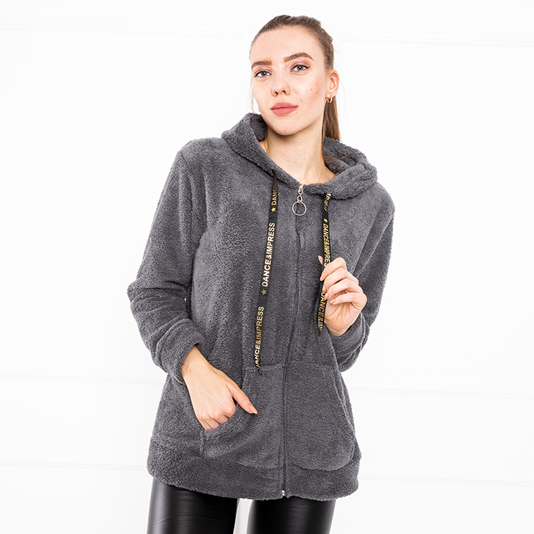 Női sötétszürke plüss kapucnis pulóver - Ruházat