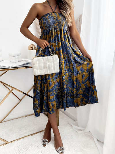 Mustárkék női midi ruha virágos motívummal PLUS SIZE - Ruházat