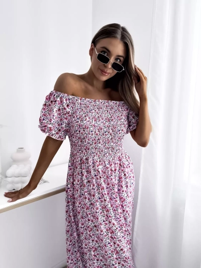 Fehér női midi ruha rózsaszín virágokkal - Ruházat