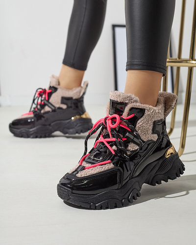 Fekete női sportcipő szőrmével és neonrózsaszín fűzővel Adbo- Footwear