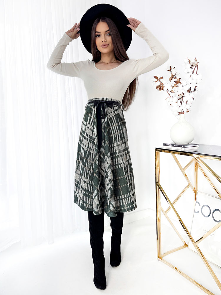 Royalfashion Zöld-szürke női kockás midi szoknya