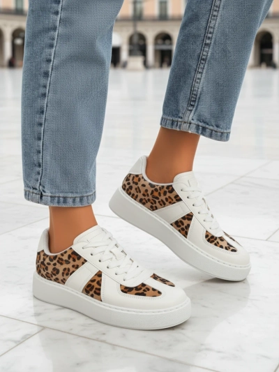 Calista Leopardia női sneakerek – Fehér öko bőr szövet tavasz 4cm