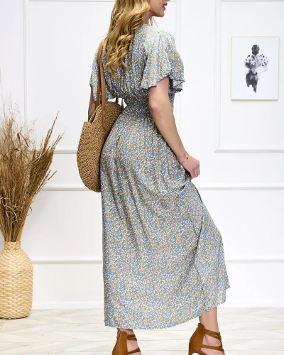 Kék női hosszú ruha virágmintával - Ruházat