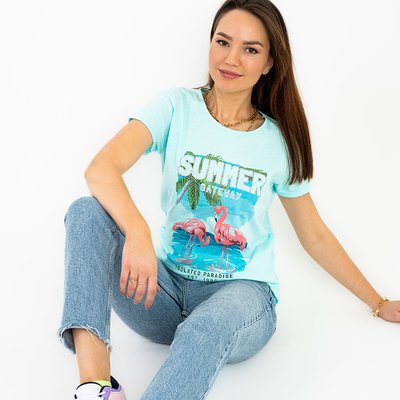 Menta színű női póló színes flamingó mintával - Ruházat