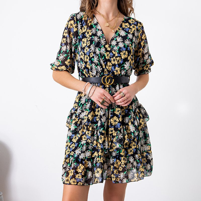 Női fekete mini ruha sárga virágokkal - Ruházat