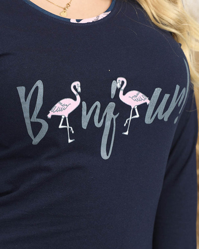 Sötétkék 2 részes, flamingós női pizsama - Ruházat