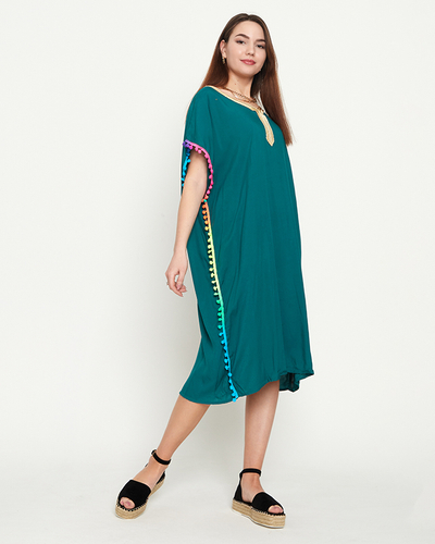 Sötétzöld női nyári strandtunika pomponokkal - Ruházat