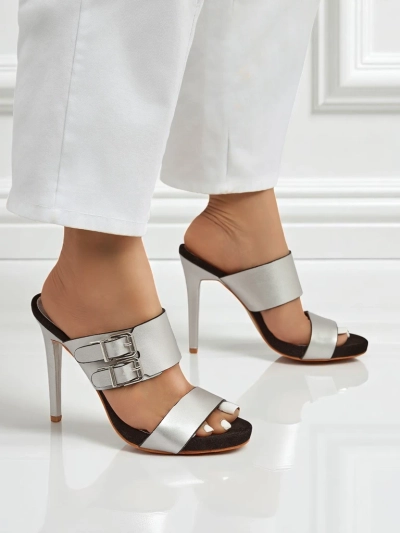 Aletheia ezüst tűsarkú szandál 12cm ökológiai bőr pántos