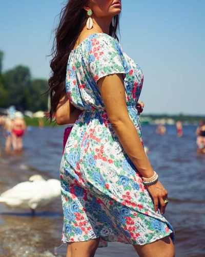 Royalfashion Női virágos miniruha a'la hiszpanka kék színben