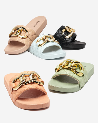 OUTLET Kék női steppelt papucs arany lánccal Eteris - Lábbeli