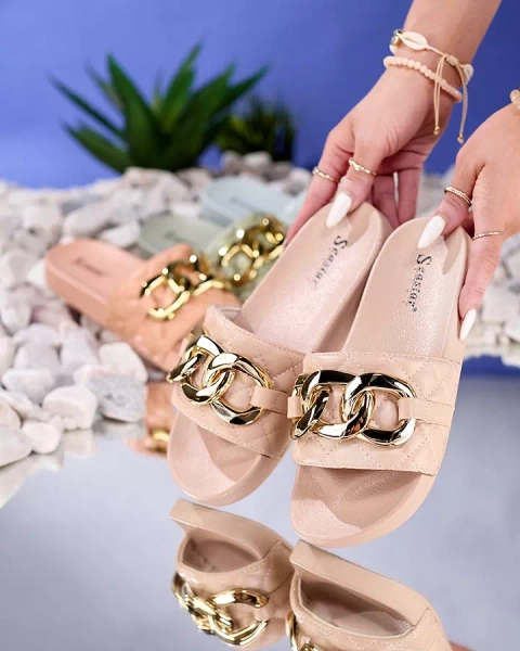 Női bézs steppelt papucs arany lánccal Eteris - Lábbeli