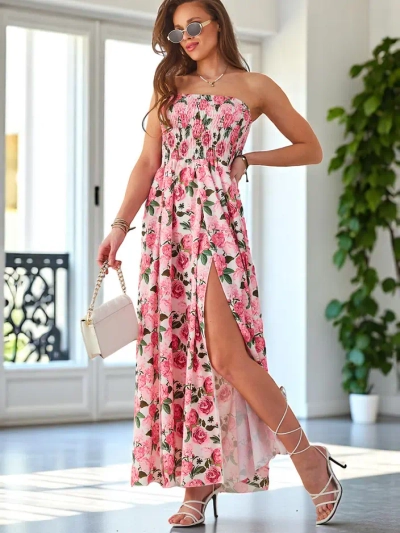 Royalfashion Mintás ujjatlan midi ruha széles gumival és hasítékokkal az alján