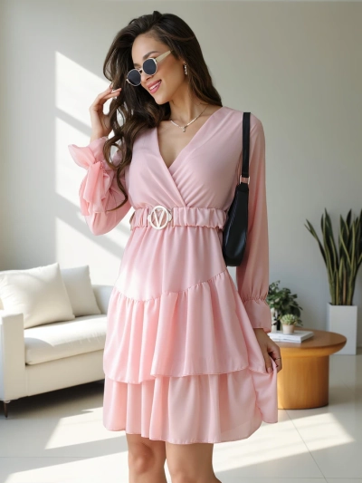 Royalfashion Női mini ruha fodrokkal és átkötős nyakkivágással